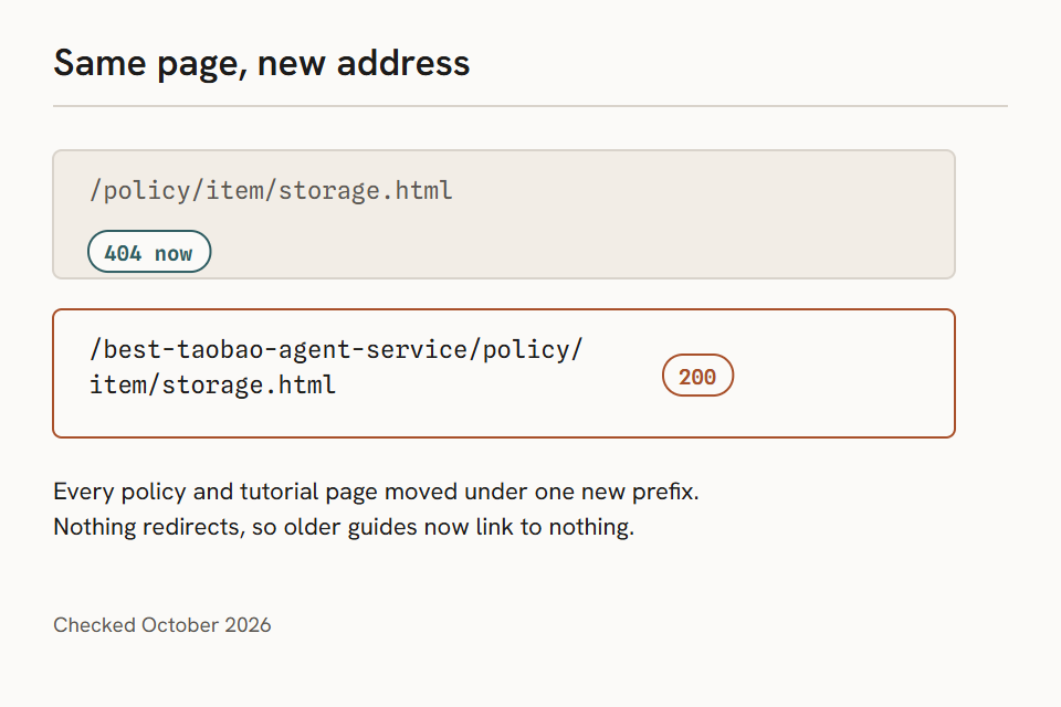 The old storage policy address now returns 404 while the same page under the new best-taobao-agent-service prefix returns 200, with nothing redirecting between them.