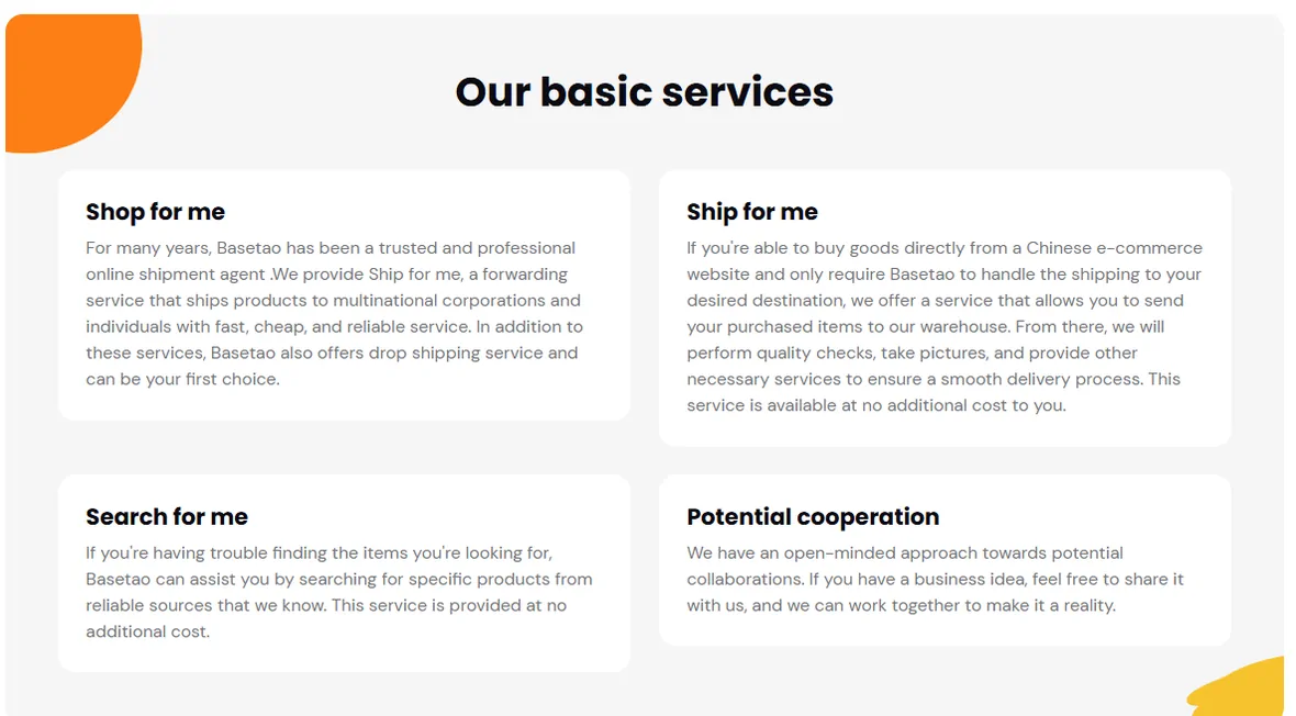 Basetao’s published buying, forwarding and sourcing service descriptions